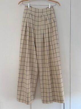 Joie Windowpane Plaid Wide Leg Trouser Cream Black Size 2 Pleated